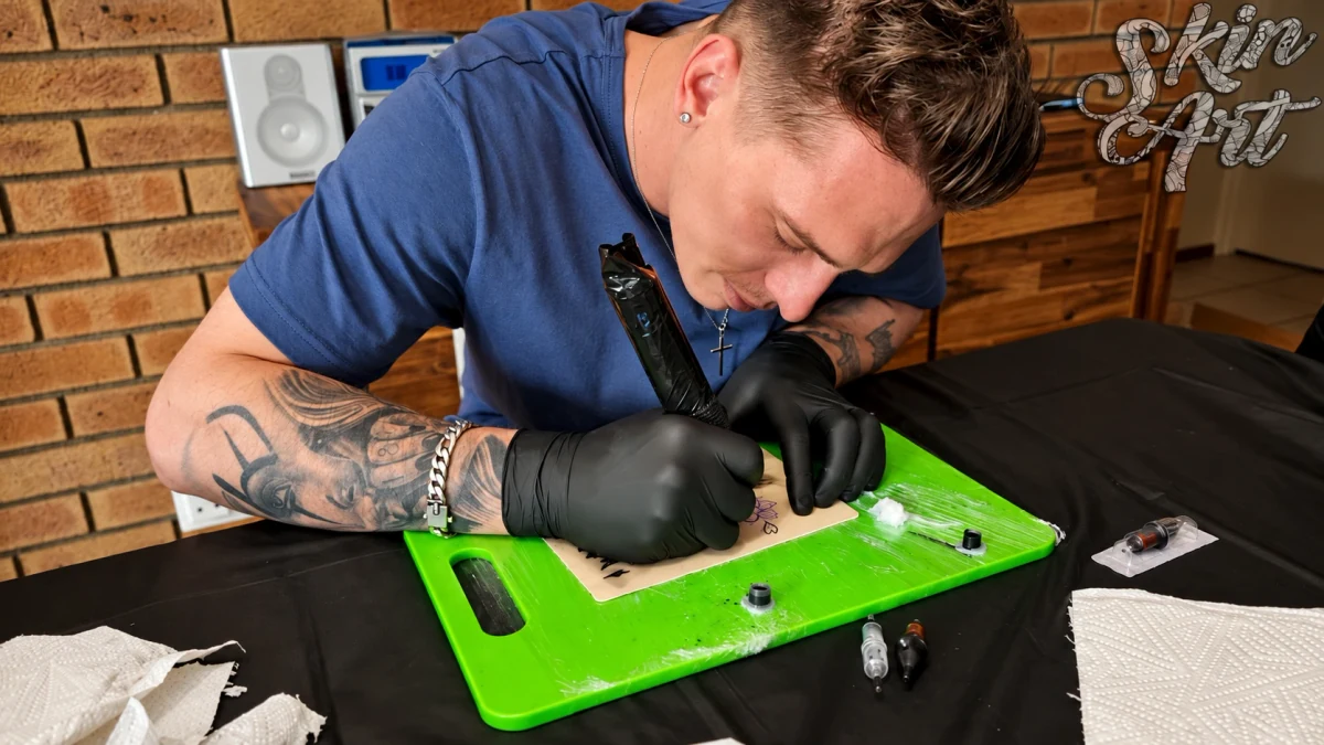 Tattoo practice on synthetic skin during a training exercise