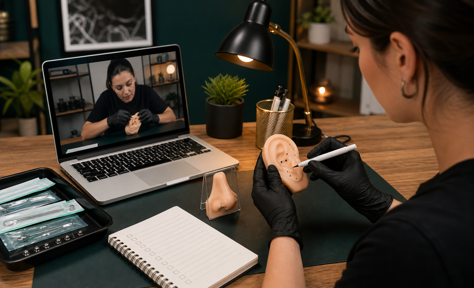 Online piercing practice with silicone models