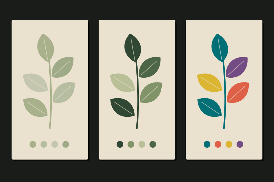 Three versions of a leaf design showing contrasting colour palettes