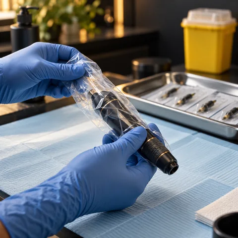 Gloved hands fitting a protective barrier sleeve over a tattoo pen on a prepared workstation.