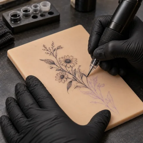 Fine-line botanical tattoo practice on a synthetic skin pad