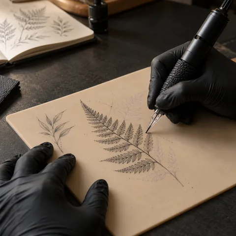 Fine-line fern tattoo practice on synthetic skin