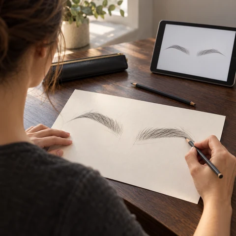 Microblading brow-design study with paired pencil sketches
