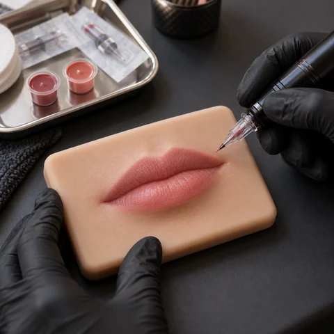 Permanent makeup lip-color practice on a synthetic training model