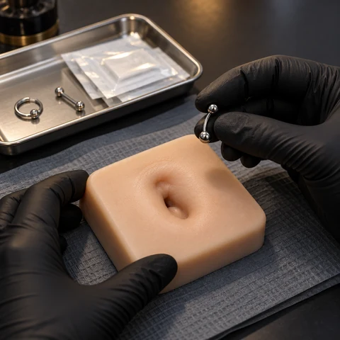Body piercing jewelry study with a synthetic navel model