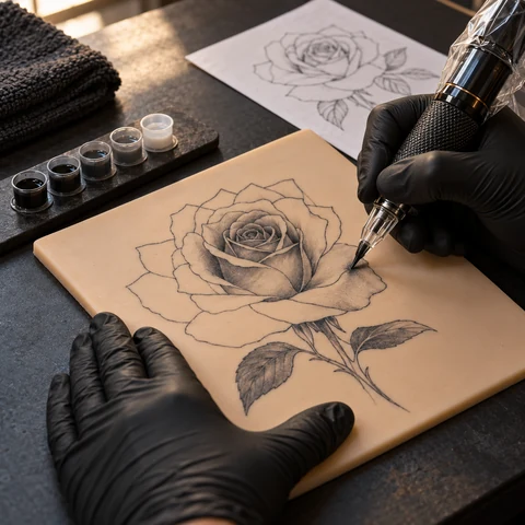 Tattoo linework and rose-shading practice on synthetic skin