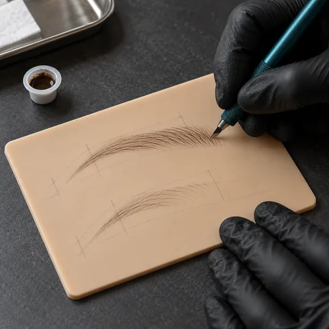 Manual microblading hair-stroke practice on a silicone brow pad
