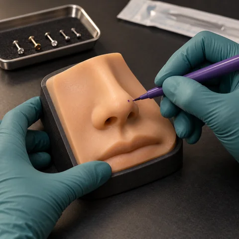 Body-piercing placement practice on a silicone nose model