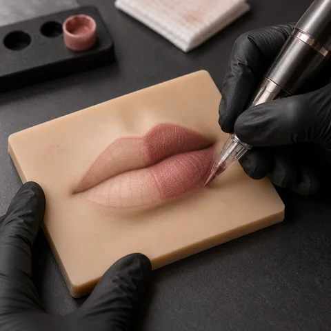 Permanent makeup lip-shading practice on a silicone pad