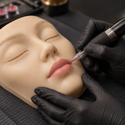 Lip-colour PMU practice on a silicone training face