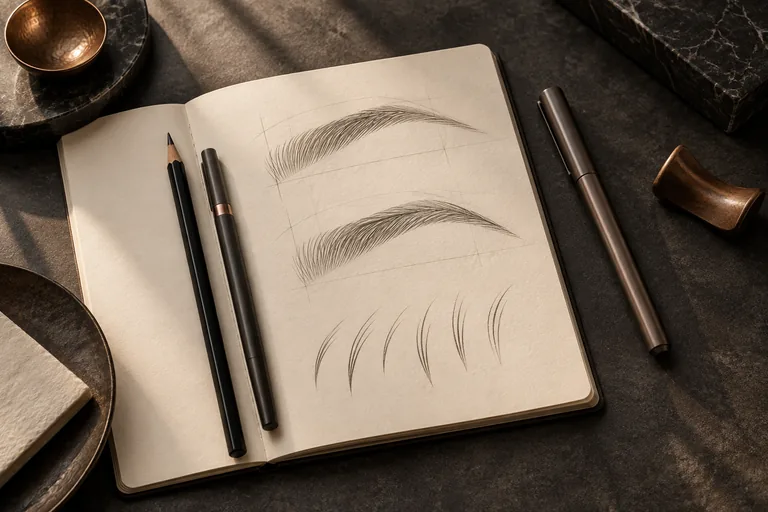 Brow design sketches with drawing and practice tools