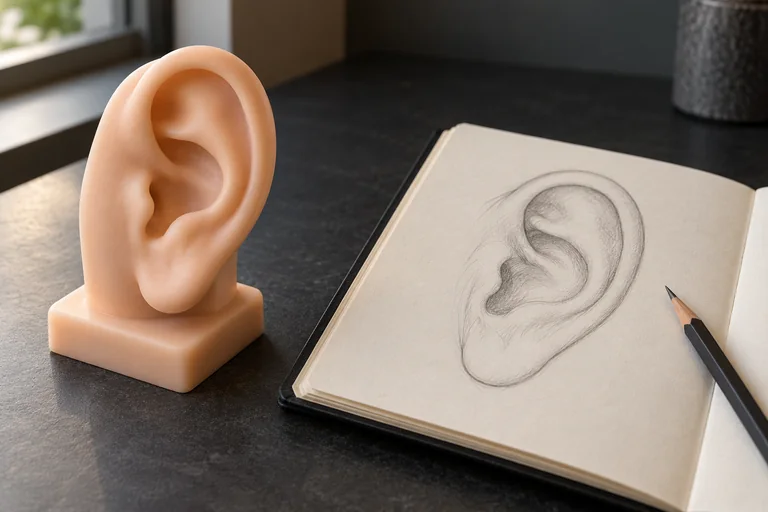 Silicone practice ear beside a pencil ear study in an open notebook.