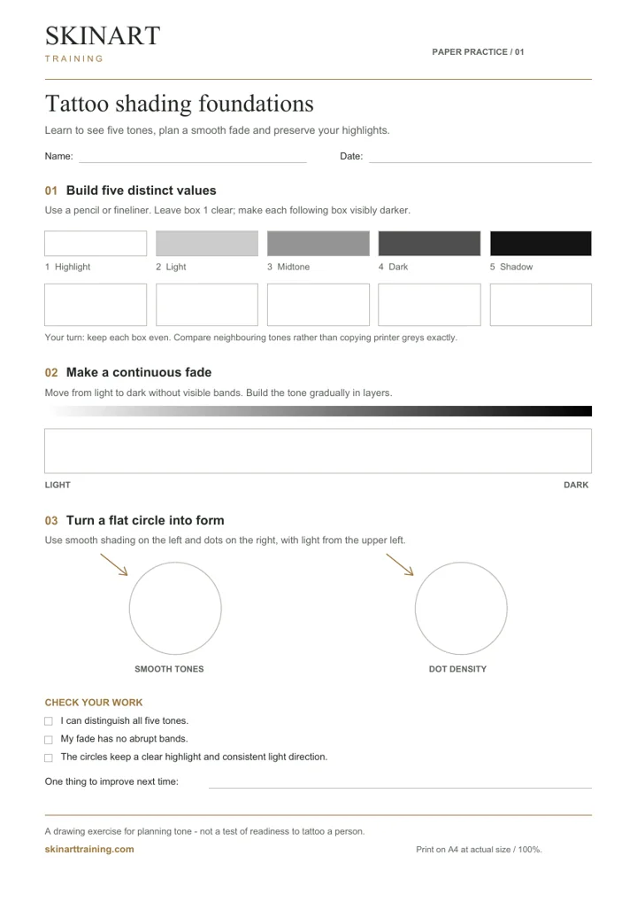 Preview of the shading worksheet, with five tone boxes, a blank gradient strip and two circles to shade