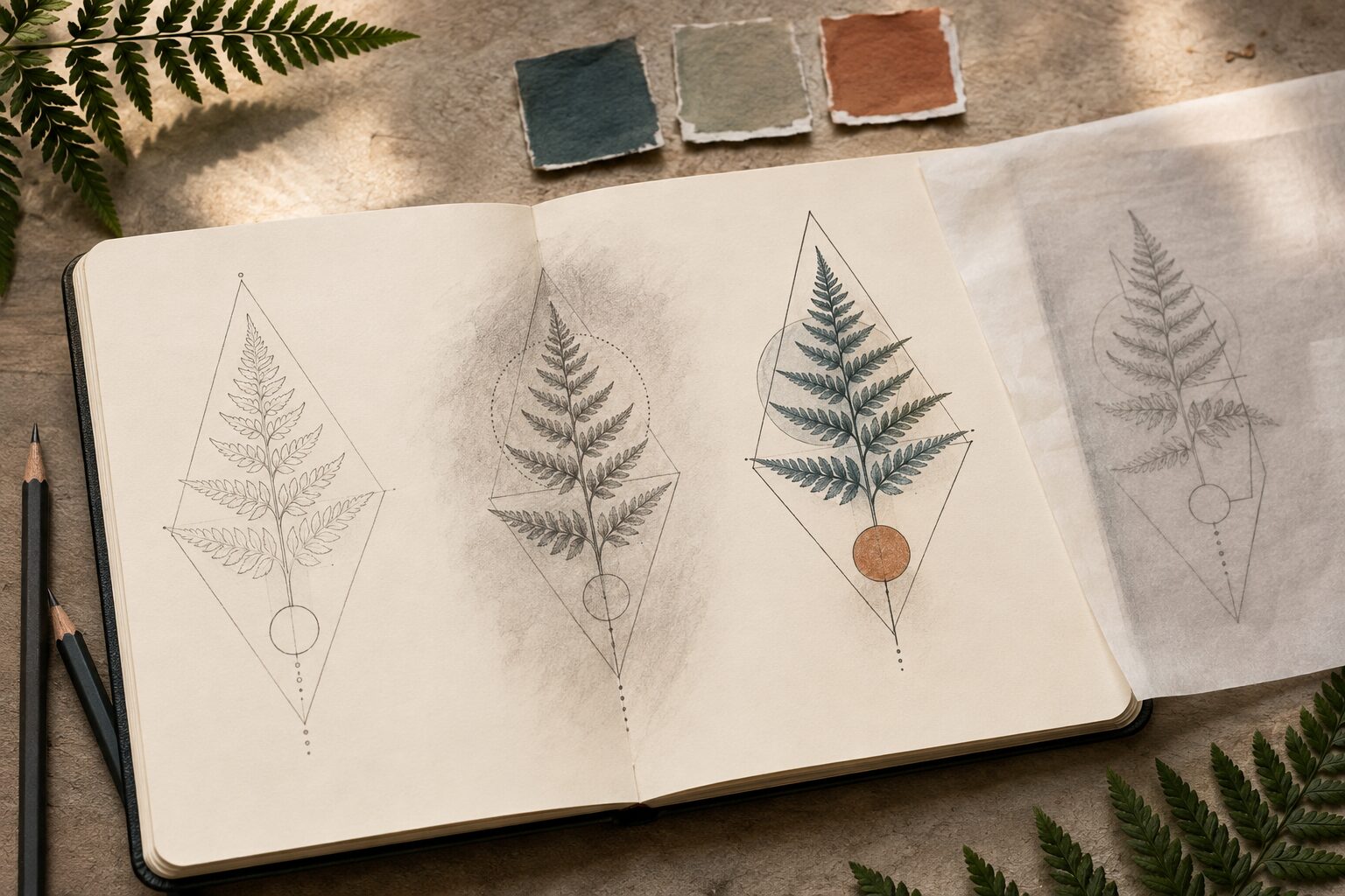 Illustrative study scene: fern design studies showing several stages in an open sketchbook