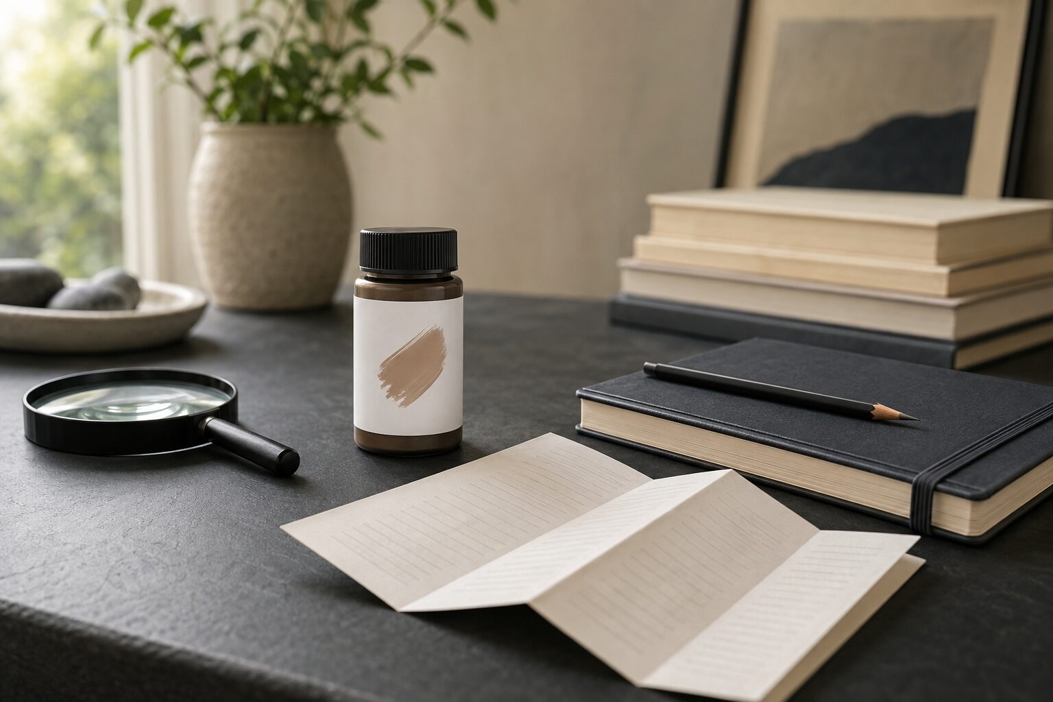 Illustrative study scene: unbranded product beside an instruction leaflet and reading notebook