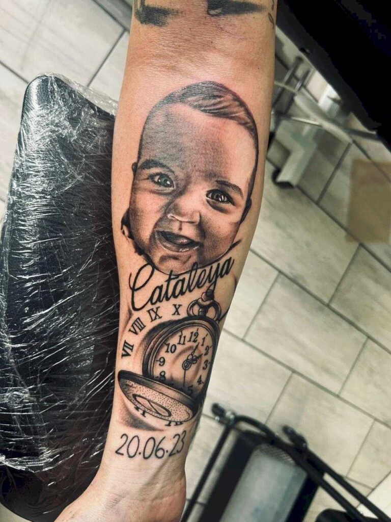 Student work: child portrait and lettering tattoo