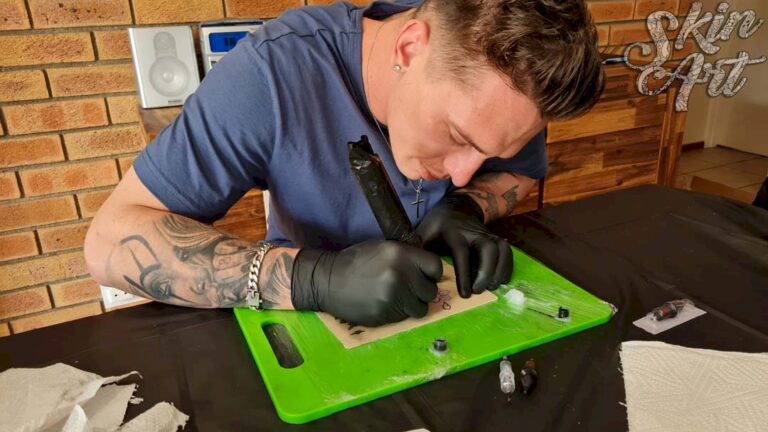 Tattoo practice on synthetic skin using a tattoo machine